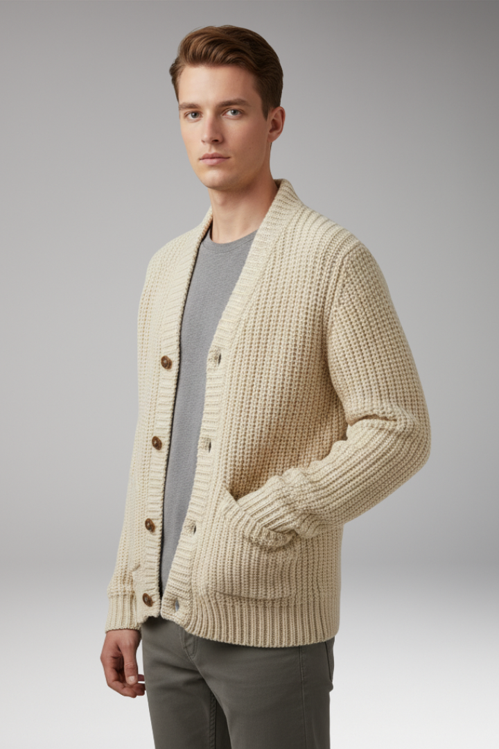 Men's Cardigan with Stand Collar and Front Pockets