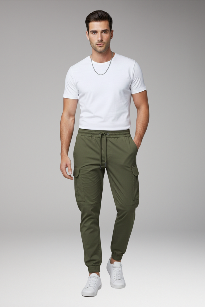 Men’s Cargo Jogger Trousers with Drawstring and Elasticated Hems