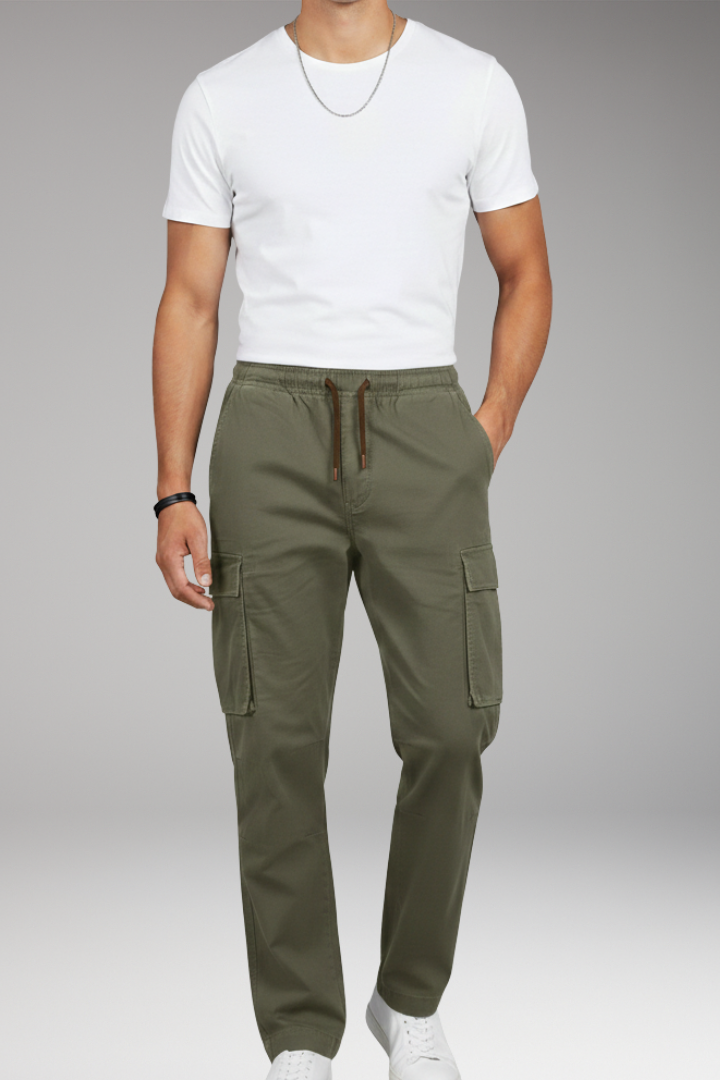 Men’s Cargo Trousers with Elastic Waistband and Six Pockets