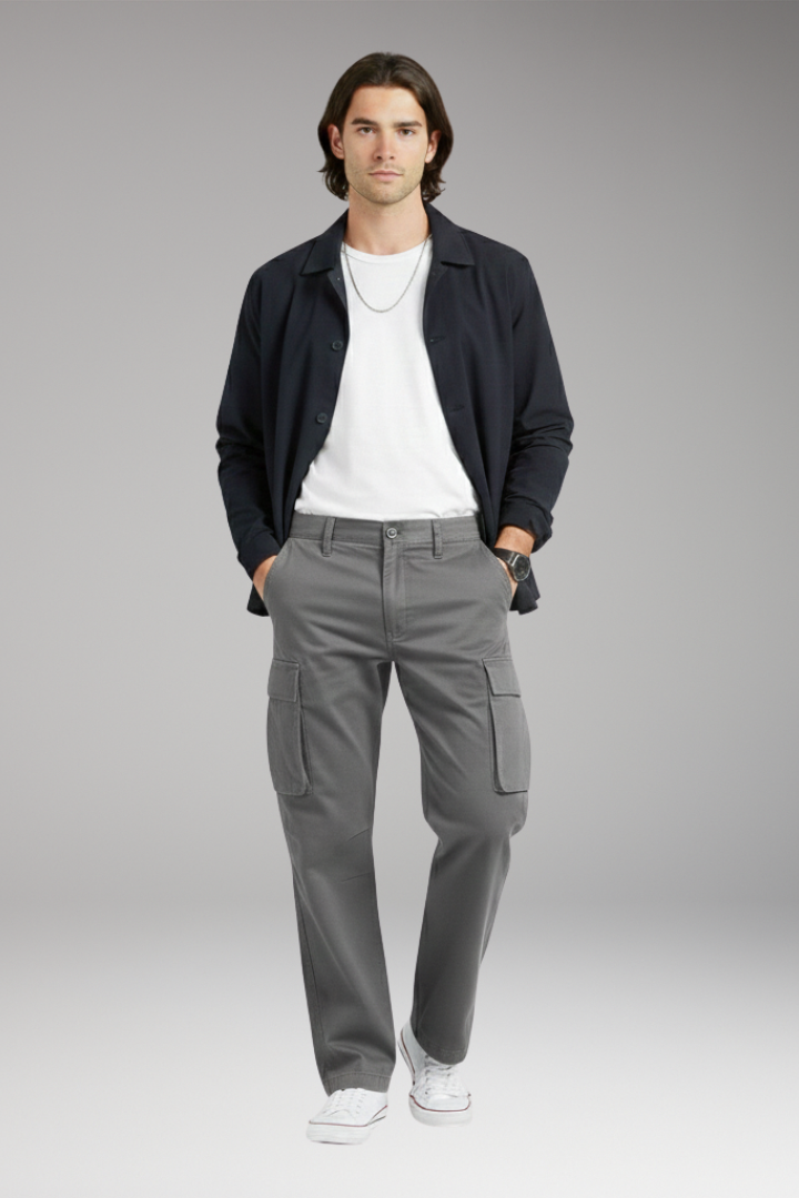 Men's Cargo Trousers with Wide Legs and Pocket Design