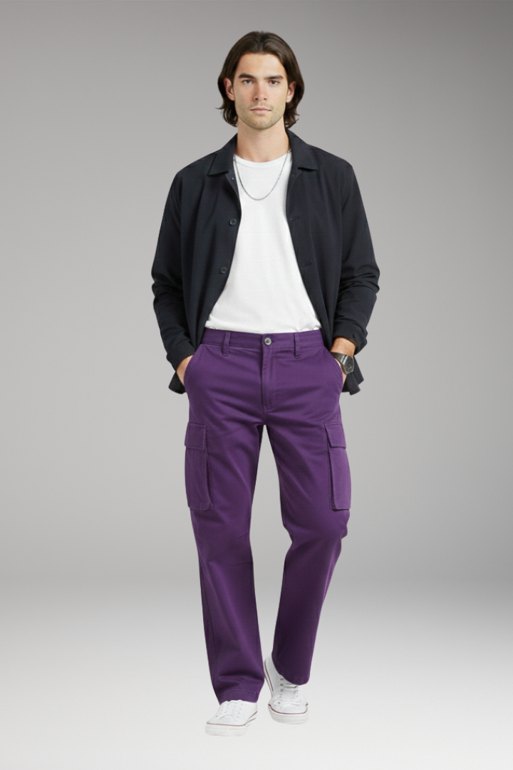 Men's Cargo Trousers with Wide Legs and Pocket Design
