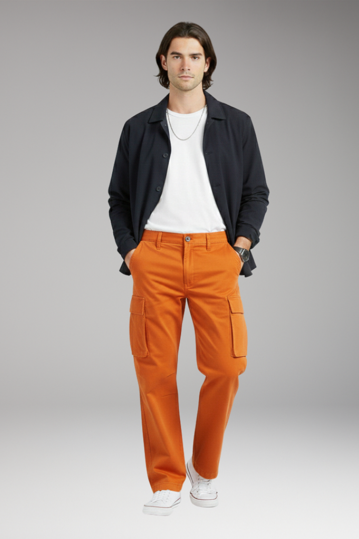 Men's Cargo Trousers with Wide Legs and Pocket Design