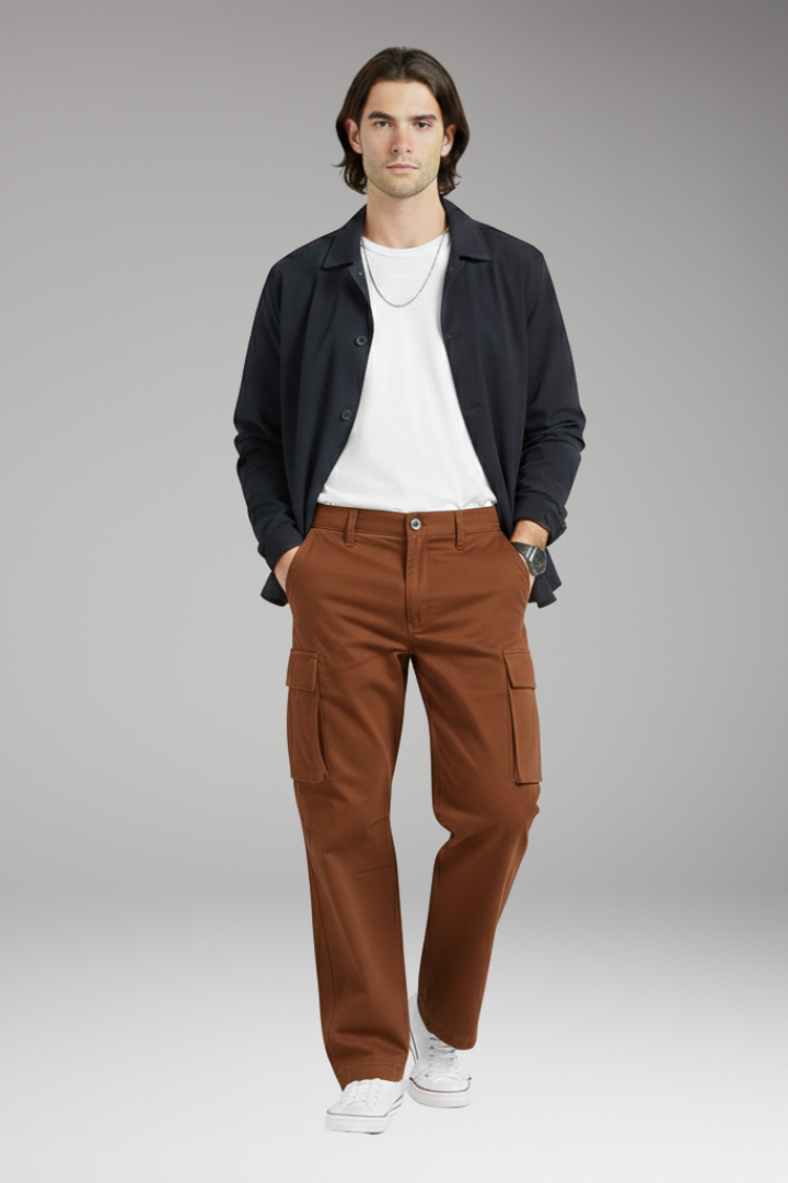 Men's Cargo Trousers with Wide Legs and Pocket Design