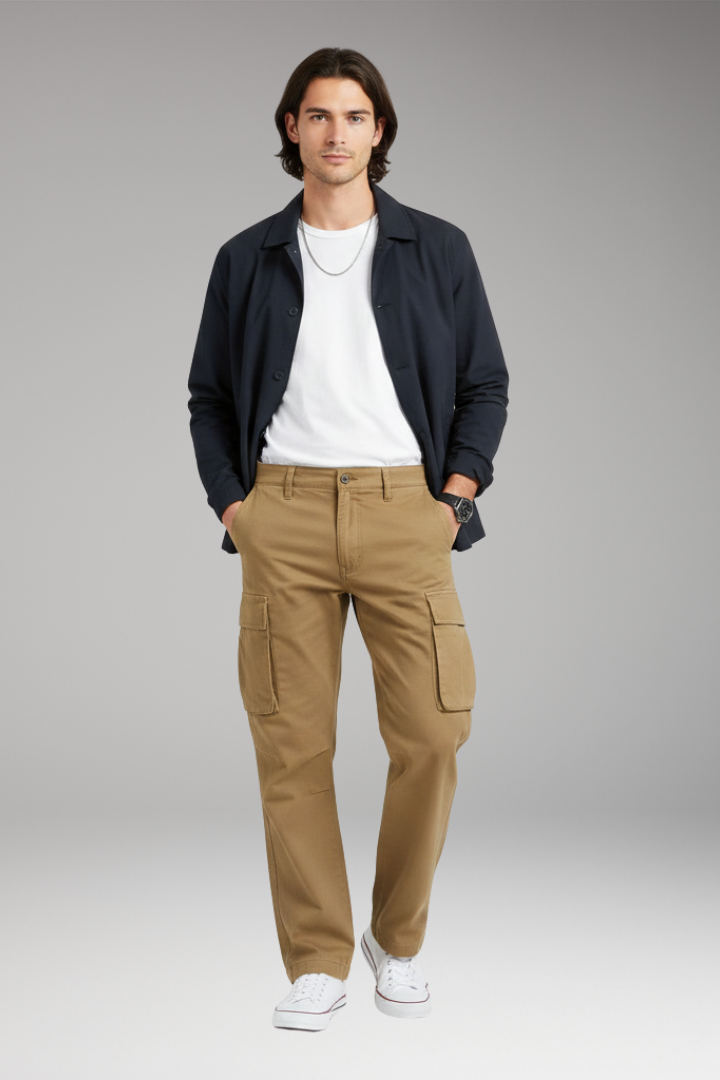Men's Cargo Trousers with Wide Legs and Pocket Design