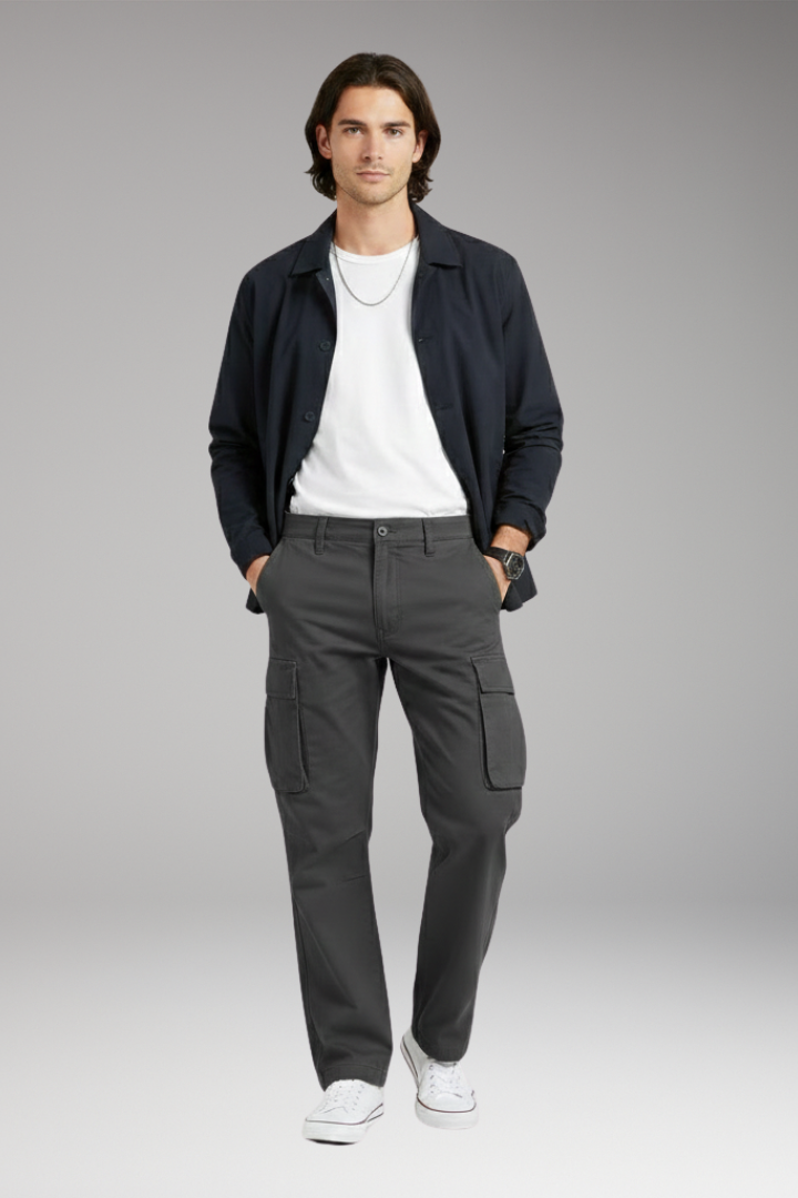 Men's Cargo Trousers with Wide Legs and Pocket Design