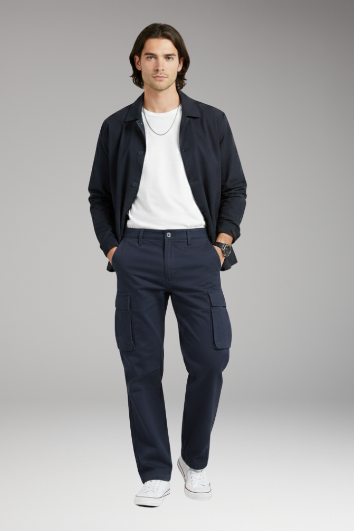 Men's Cargo Trousers with Wide Legs and Pocket Design