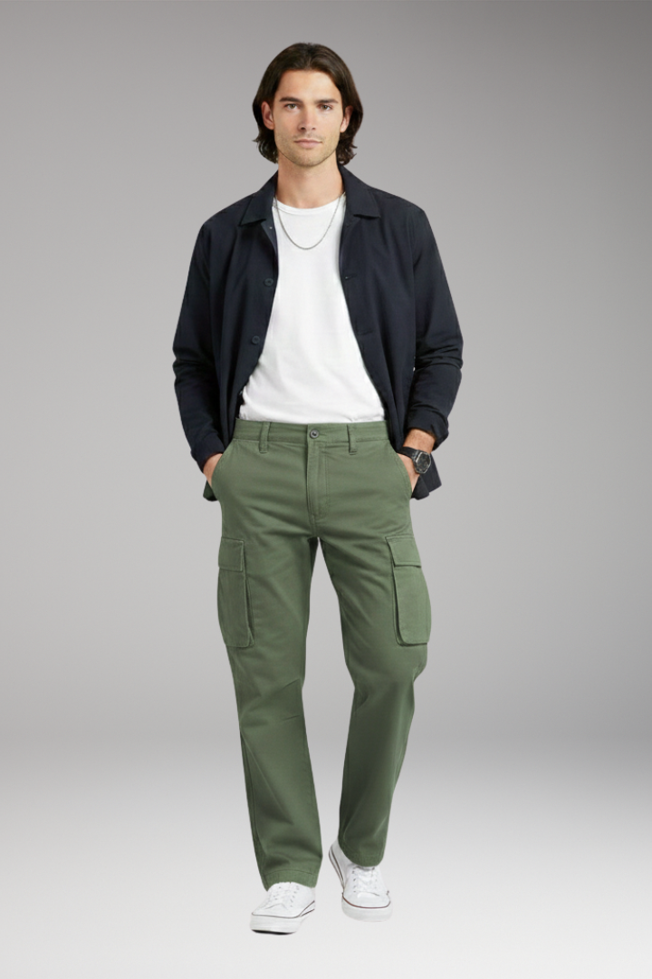 Men's Cargo Trousers with Wide Legs and Pocket Design