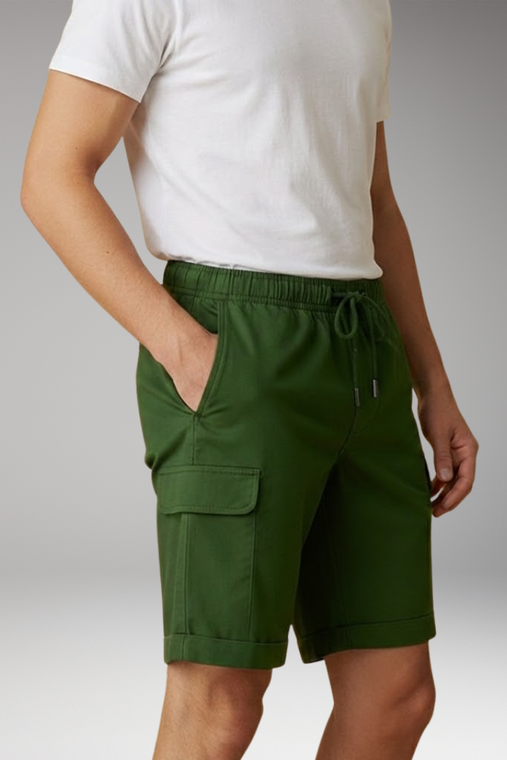 Men's Cargo Shorts with Elastic Waistband and Multiple Pockets