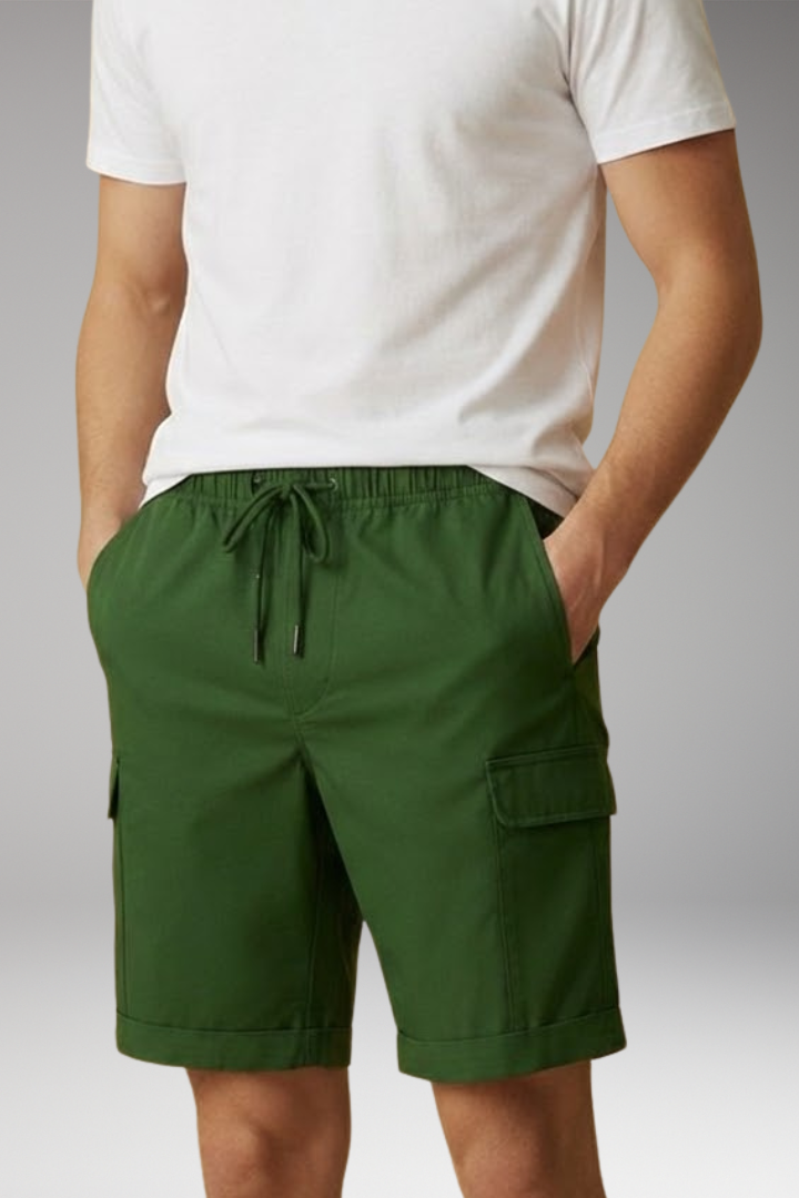 Men's Cargo Shorts with Elastic Waistband and Multiple Pockets