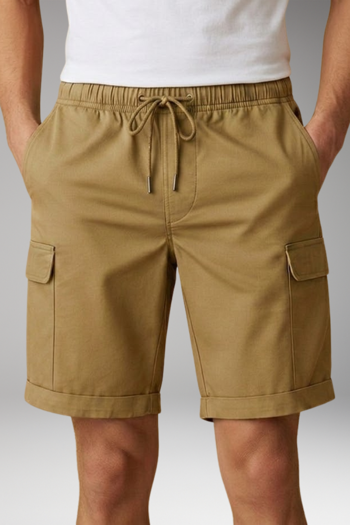 Men's Cargo Shorts with Elastic Waistband and Multiple Pockets