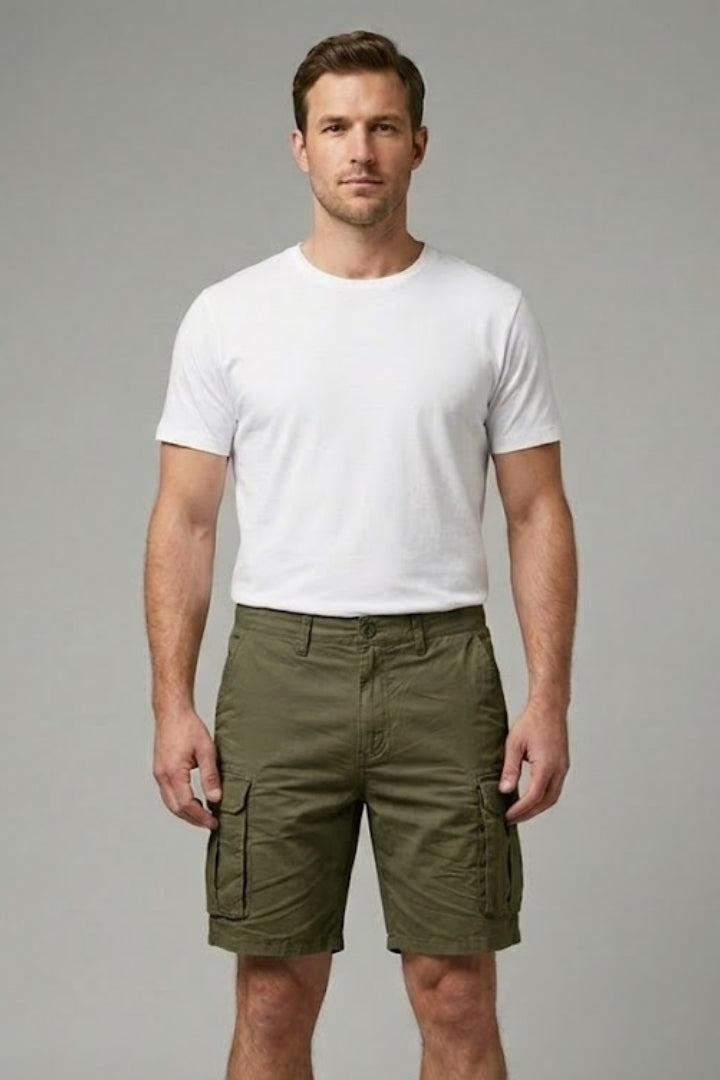 Men's Cargo Shorts with Multiple Pockets and Button Fastening