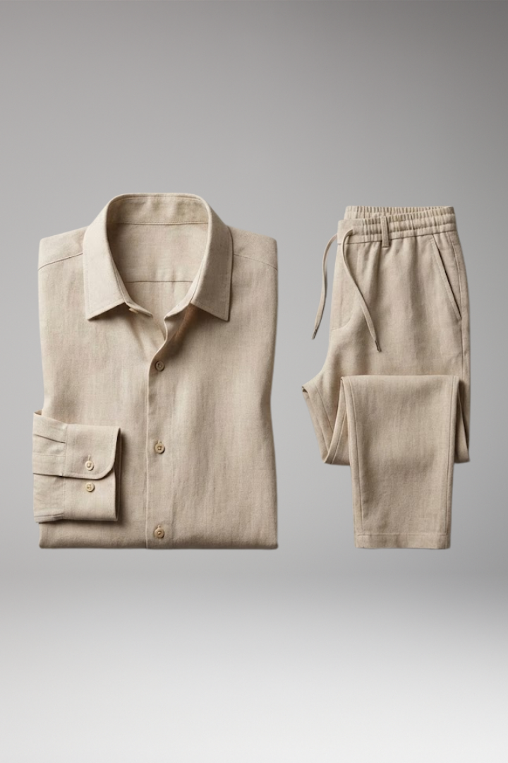 Men's Casual Shirt and Trousers Set with Button-Down Shirt and Long Sleeves