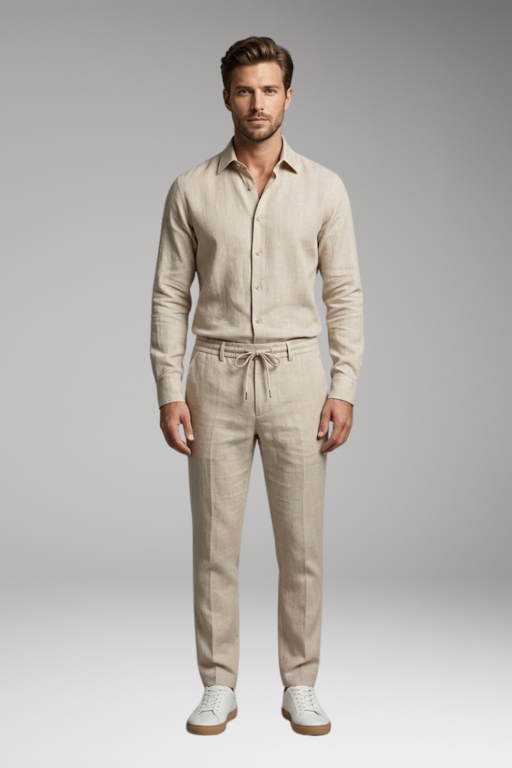 Men's Casual Shirt and Trousers Set with Button-Down Shirt and Long Sleeves