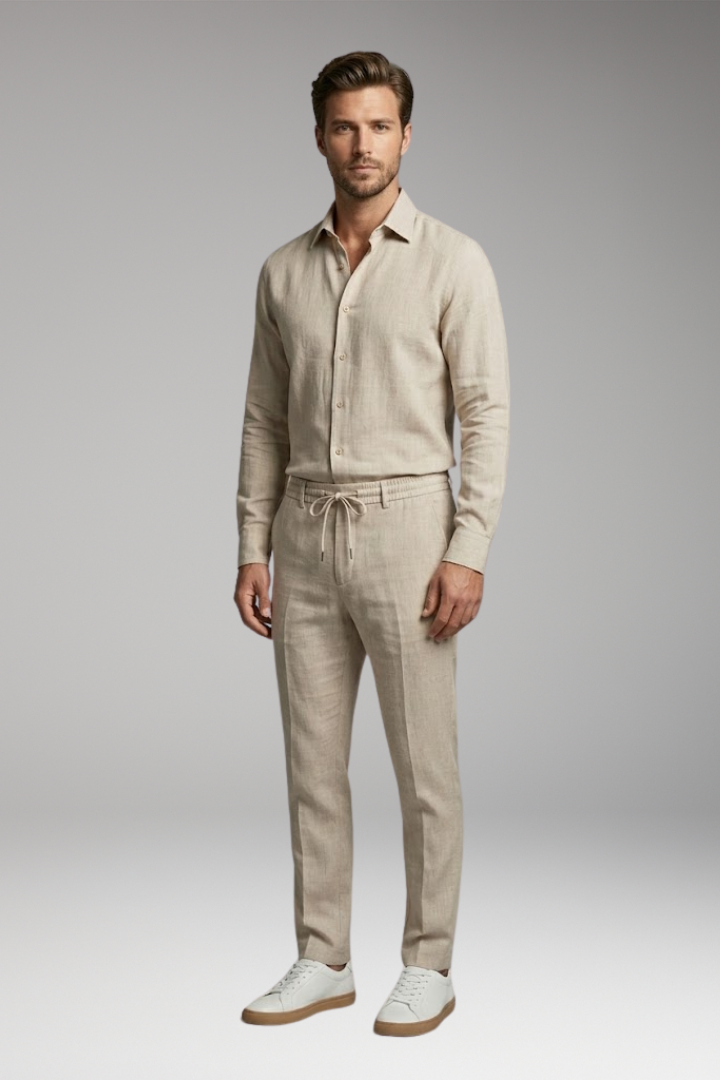 Men's Casual Shirt and Trousers Set with Button-Down Shirt and Long Sleeves