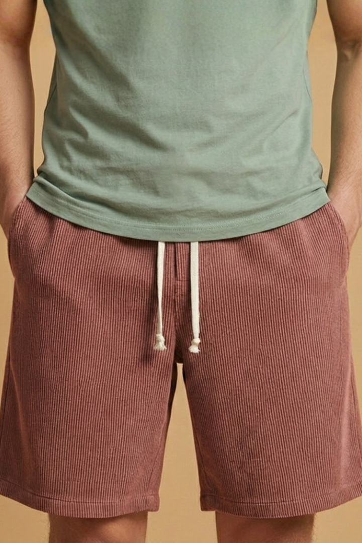 Men's Casual Shorts with Drawstring Waistband and Striped Texture