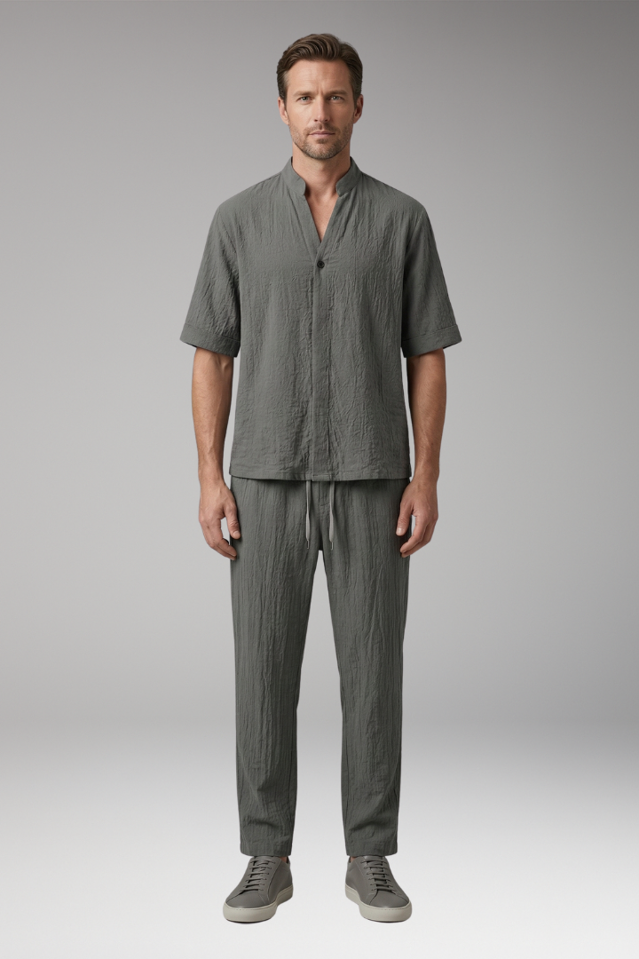 Men’s Casual Two-Piece Suit with Long Sleeves and Drawstring Trousers