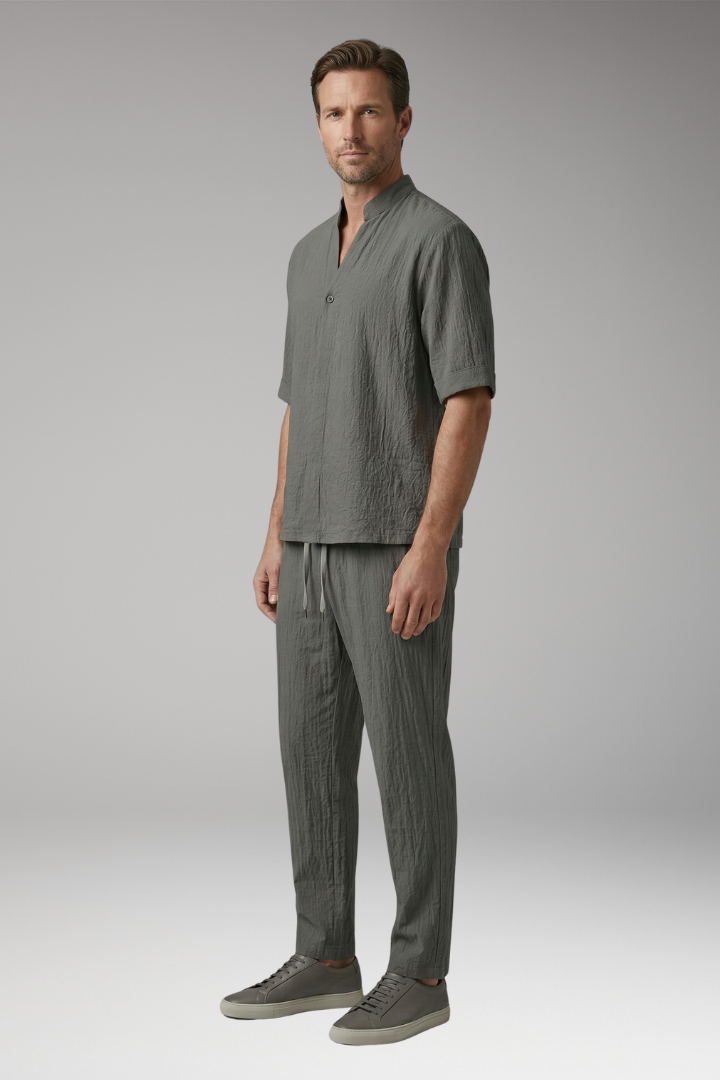 Men’s Casual Two-Piece Suit with Long Sleeves and Drawstring Trousers