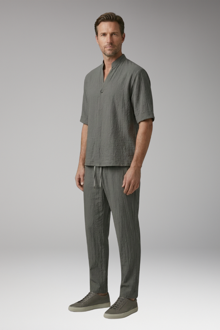 Men’s Casual Two-Piece Suit with Long Sleeves and Drawstring Trousers