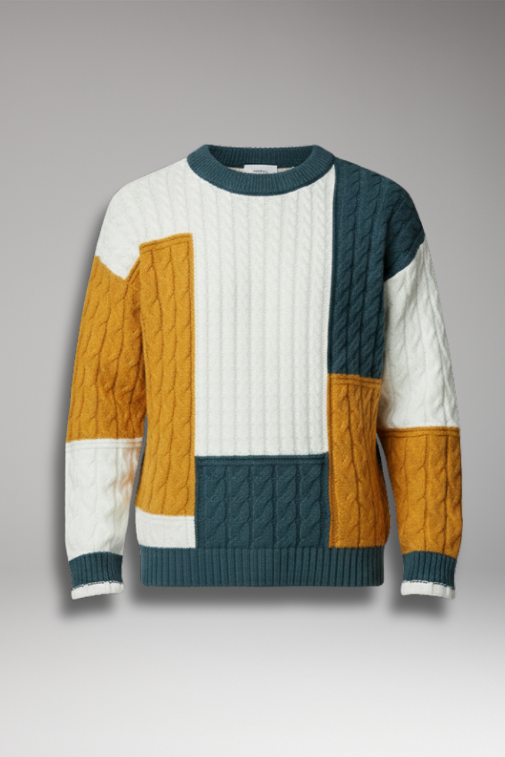 Men’s Colour-Block Jumper with Cable Knit Texture