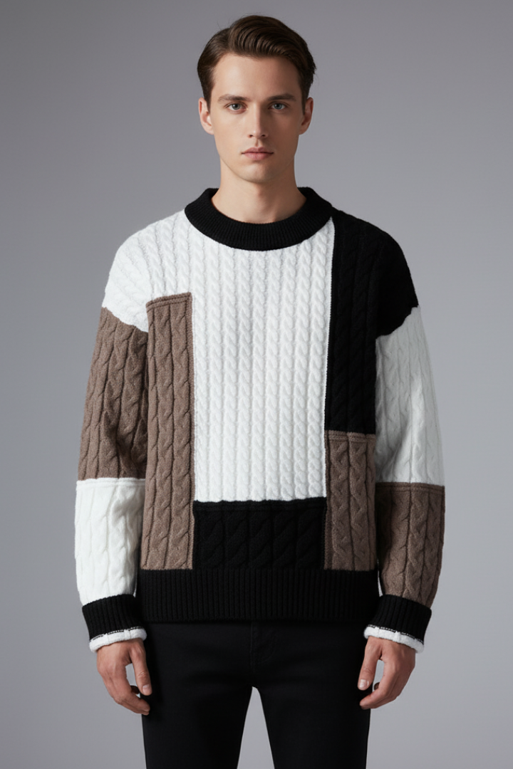 Men’s Colour-Block Jumper with Cable Knit Texture