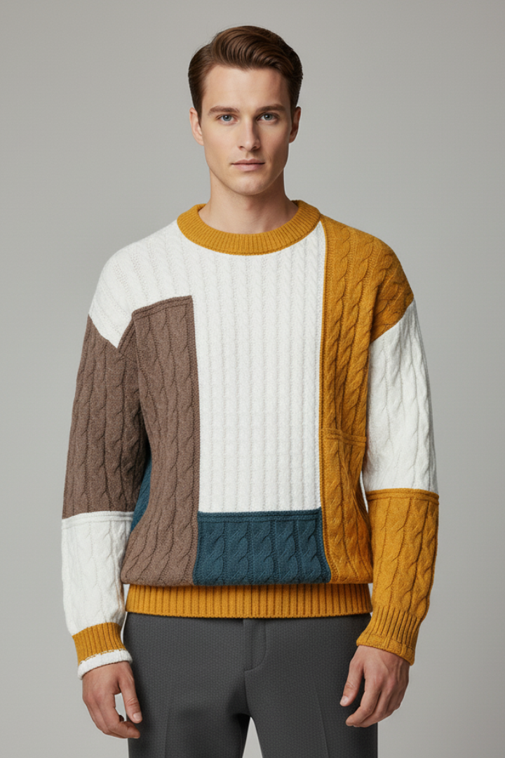Men’s Colour-Block Jumper with Cable Knit Texture