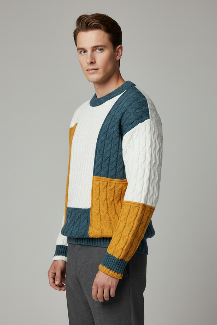 Men’s Colour-Block Jumper with Cable Knit Texture