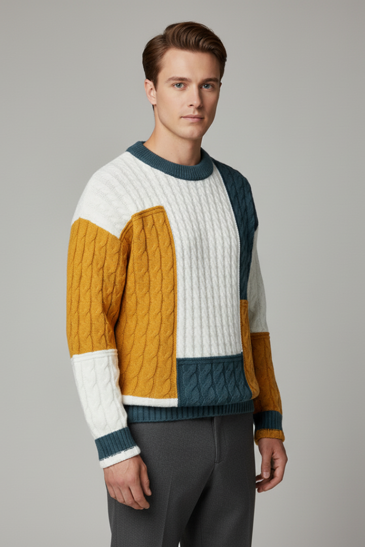 Men’s Colour-Block Jumper with Cable Knit Texture