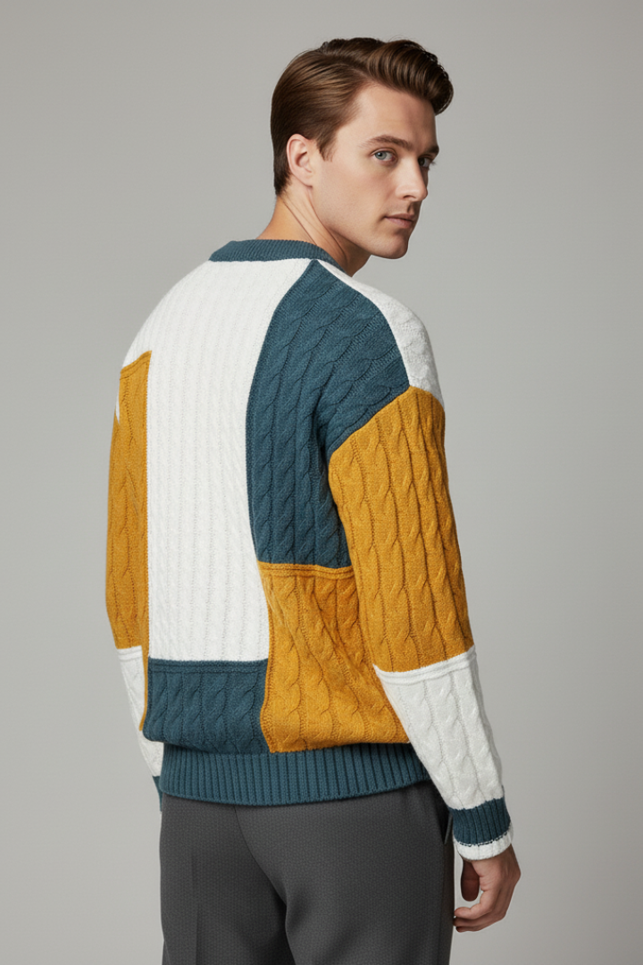 Men’s Colour-Block Jumper with Cable Knit Texture