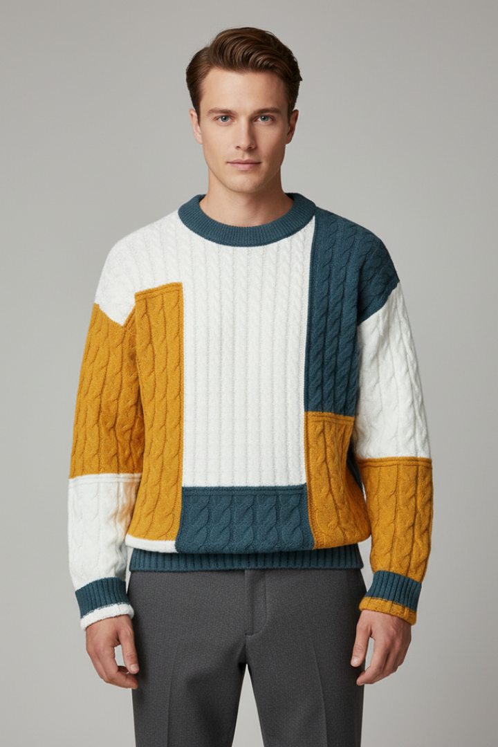Men’s Colour-Block Jumper with Cable Knit Texture