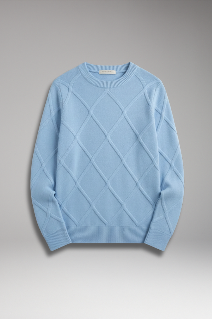Men's Crewneck Jumper with Argyle Knit and Long Sleeves