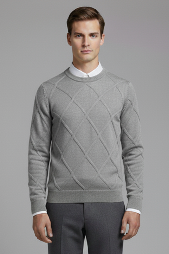 Men's Crewneck Jumper with Argyle Knit and Long Sleeves