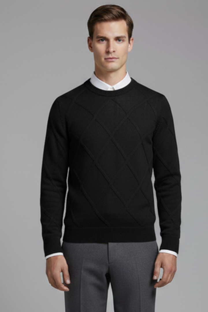 Men's Crewneck Jumper with Argyle Knit and Long Sleeves