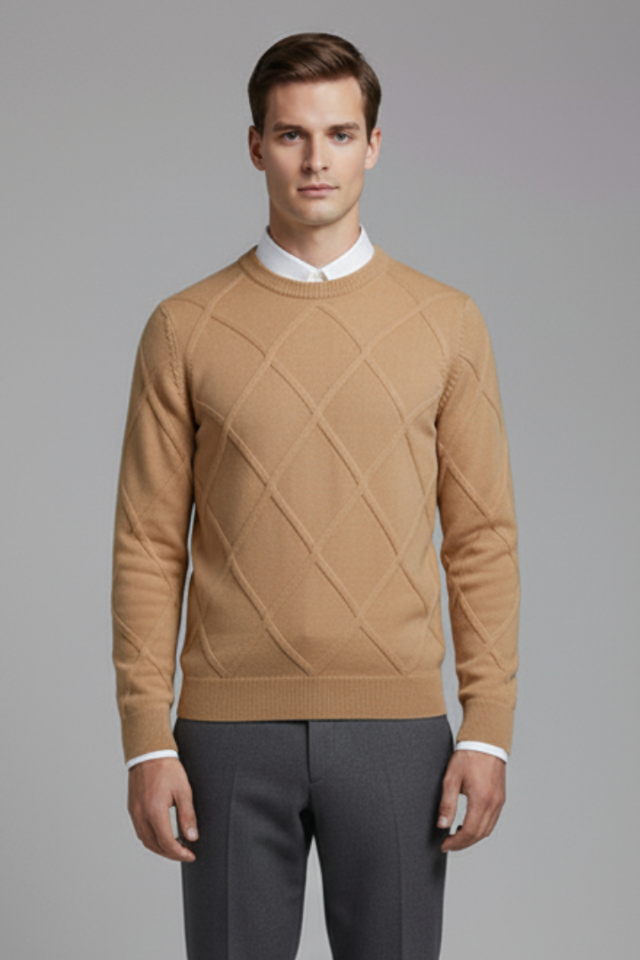 Men's Crewneck Jumper with Argyle Knit and Long Sleeves