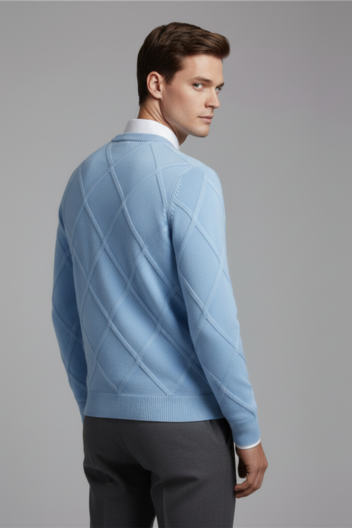 Men's Crewneck Jumper with Argyle Knit and Long Sleeves