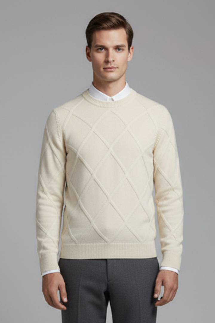 Men's Crewneck Jumper with Argyle Knit and Long Sleeves