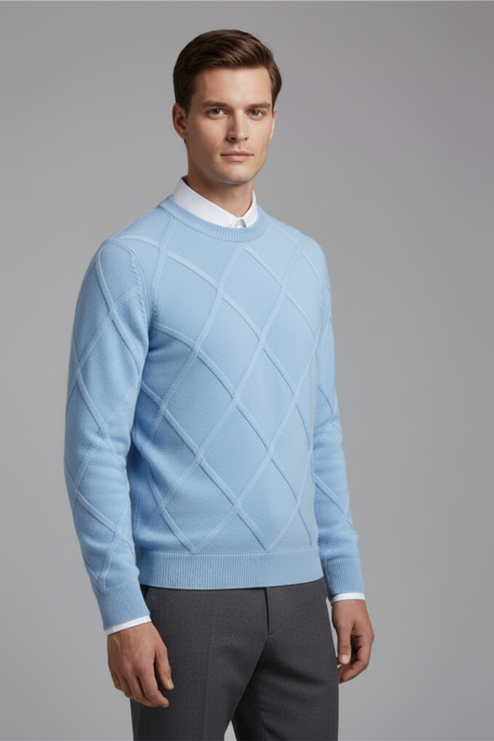 Men's Crewneck Jumper with Argyle Knit and Long Sleeves