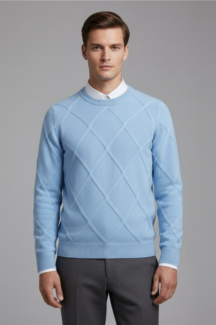 Men's Crewneck Jumper with Argyle Knit and Long Sleeves