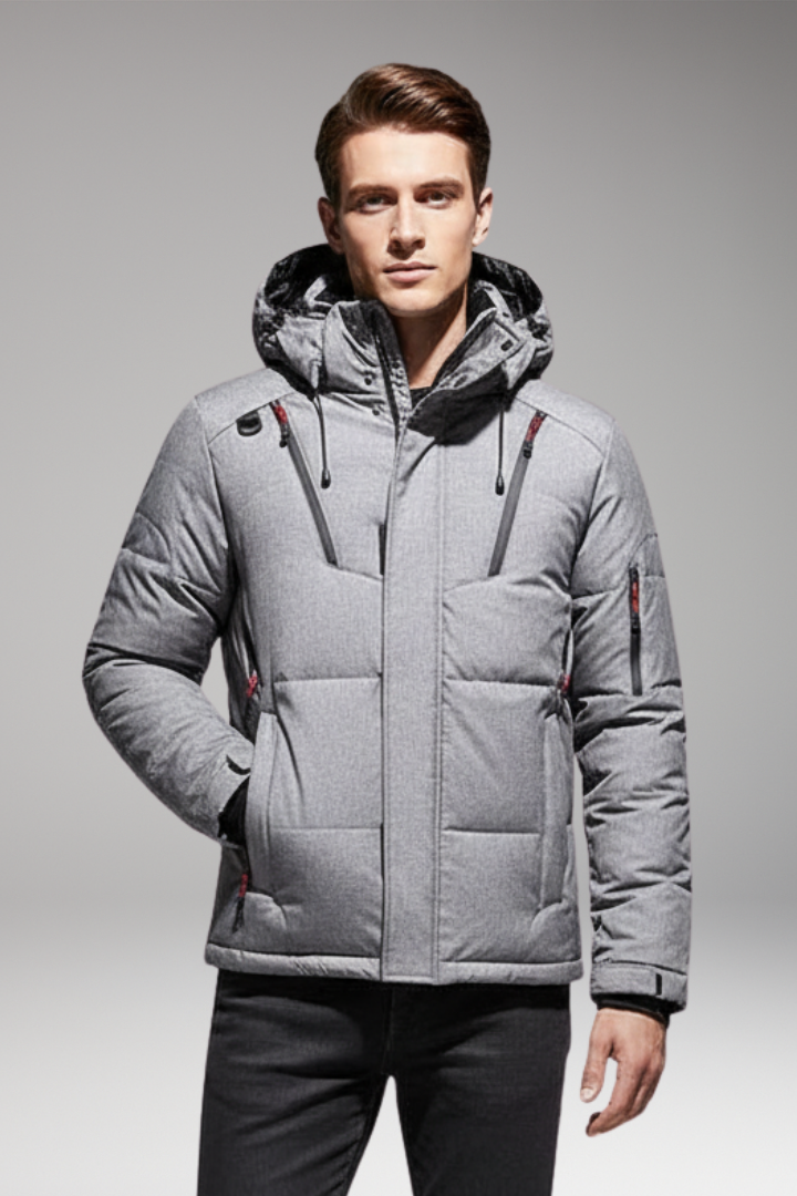 Men’s Down Puffer Jacket with Detachable Hood and Zippered Pockets