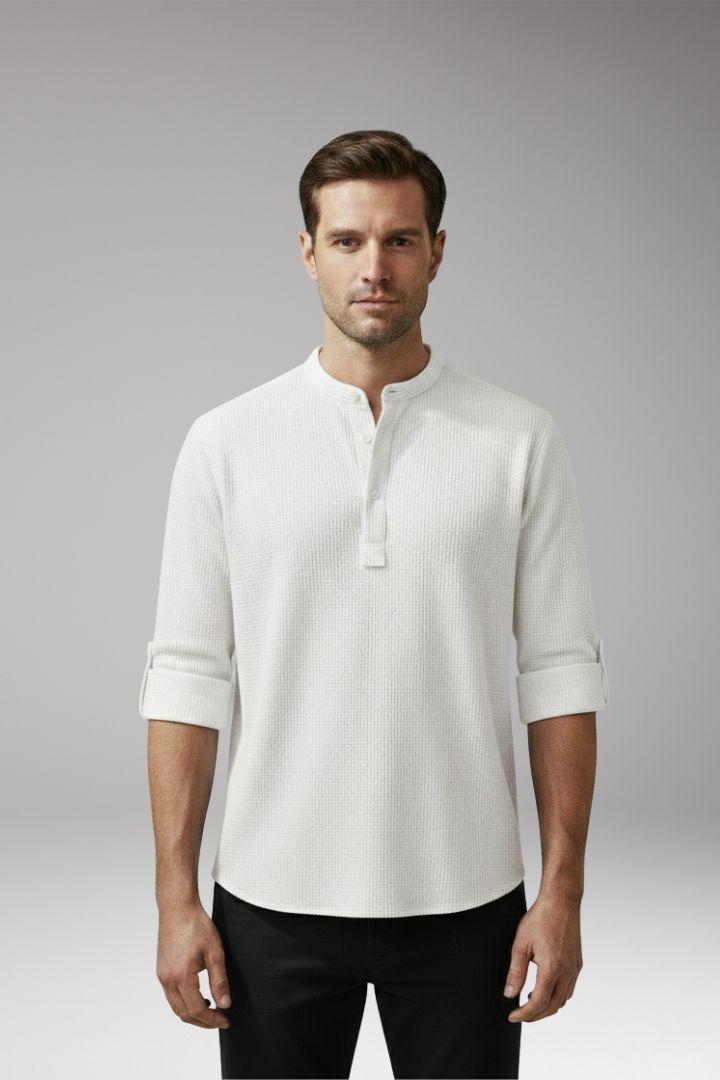 Men's Elegant Shirt with Henley Neckline and Turn-Up Sleeves