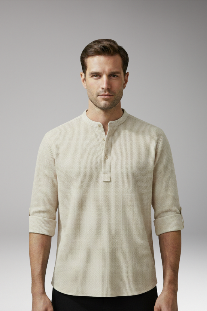 Men's Elegant Shirt with Henley Neckline and Turn-Up Sleeves