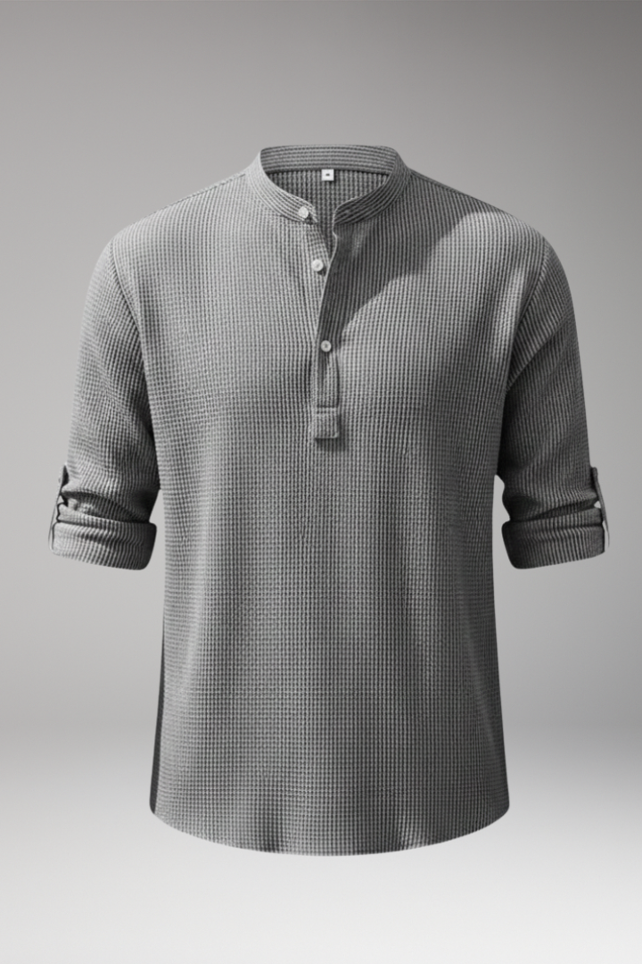 Men's Elegant Shirt with Henley Neckline and Turn-Up Sleeves