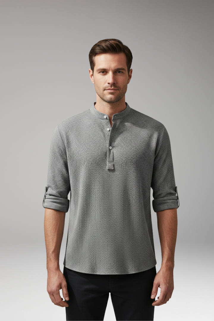 Men's Elegant Shirt with Henley Neckline and Turn-Up Sleeves