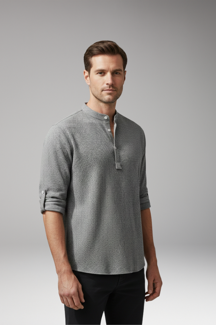 Men's Elegant Shirt with Henley Neckline and Turn-Up Sleeves