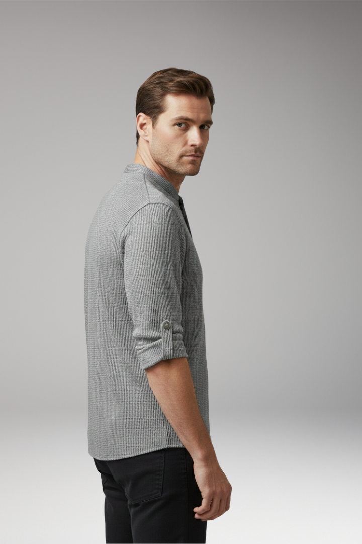 Men's Elegant Shirt with Henley Neckline and Turn-Up Sleeves