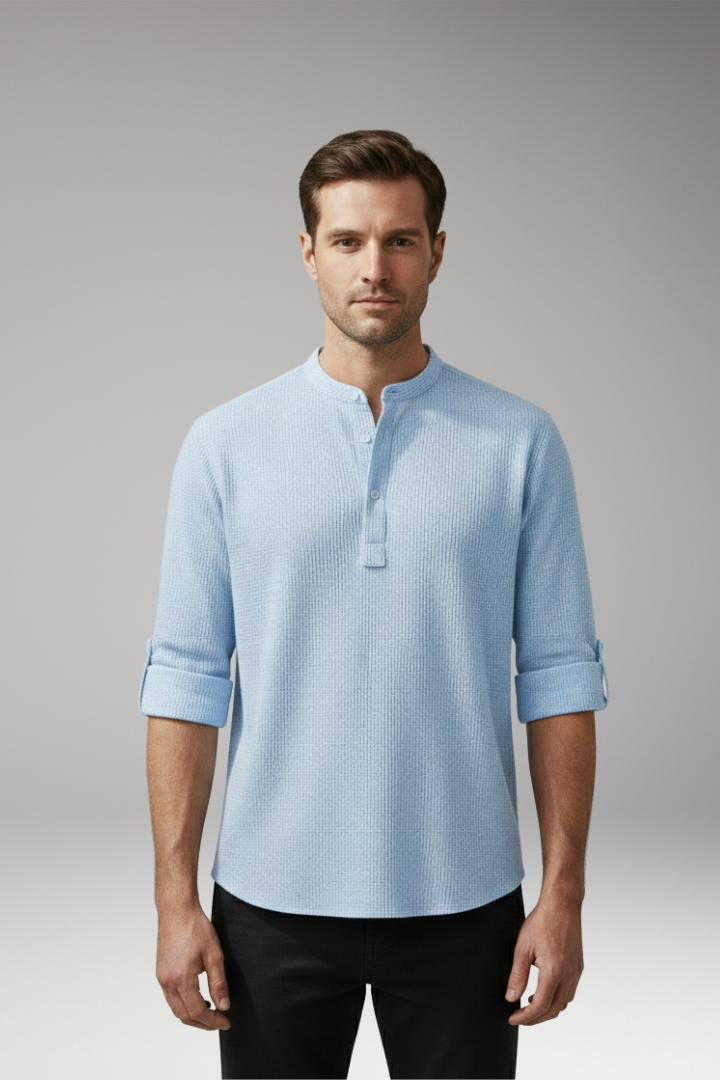Men's Elegant Shirt with Henley Neckline and Turn-Up Sleeves
