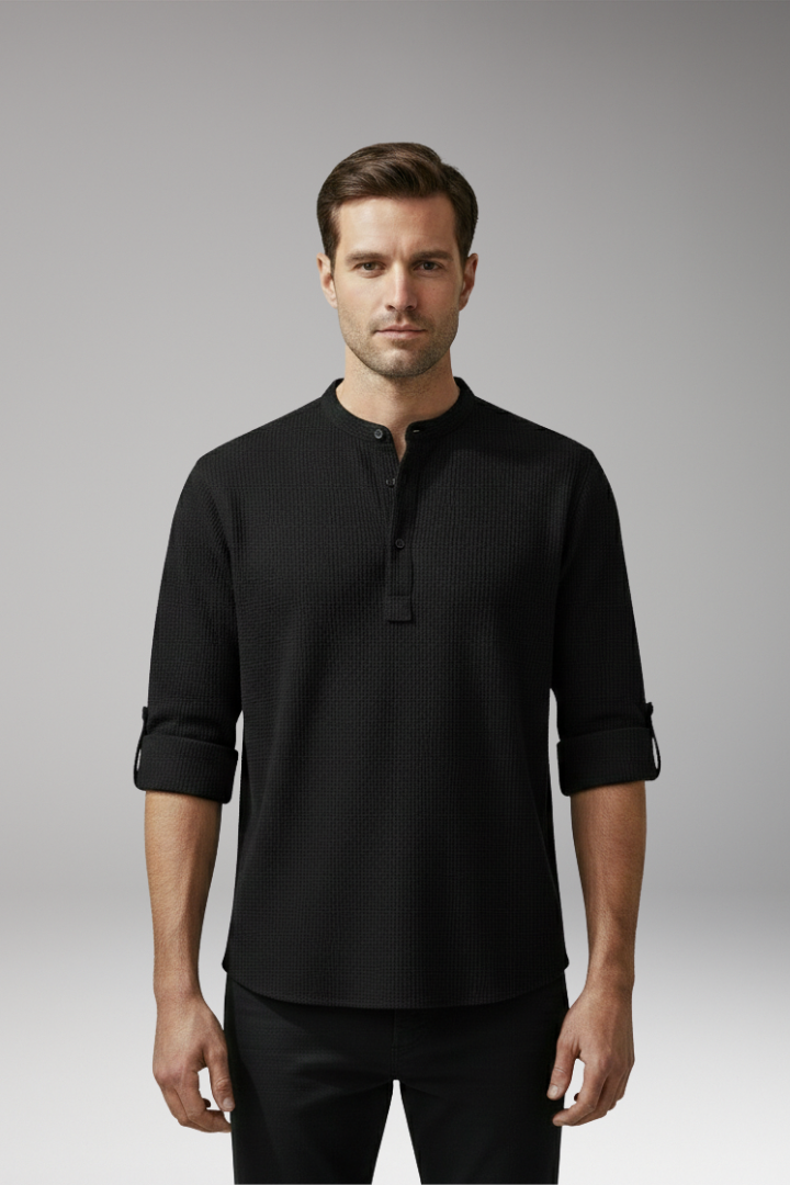 Men's Elegant Shirt with Henley Neckline and Turn-Up Sleeves