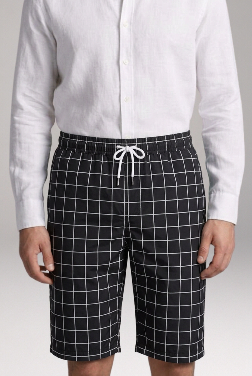 Men's Geometric Checkered Drawstring Shorts with Side Pockets