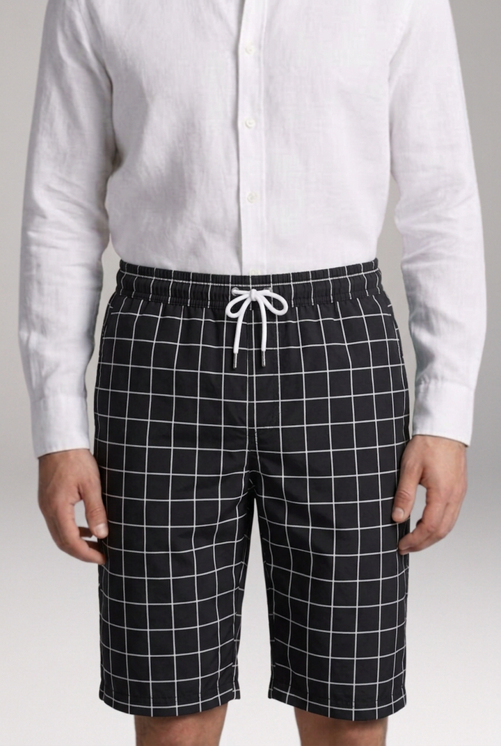 Men's Geometric Checkered Drawstring Shorts with Side Pockets