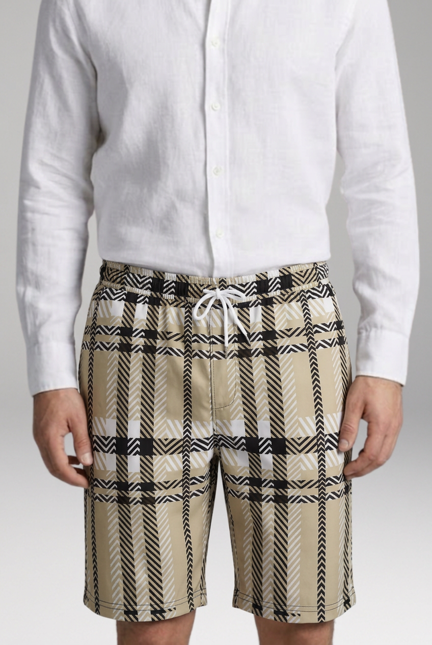 Men's Geometric Checkered Drawstring Shorts with Side Pockets