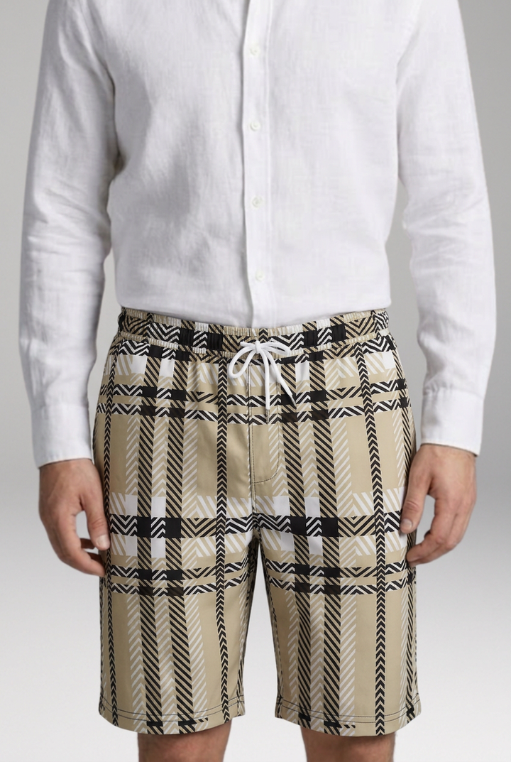 Men's Geometric Checkered Drawstring Shorts with Side Pockets